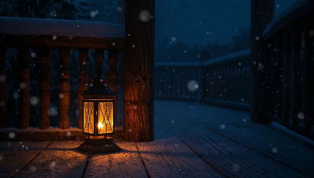 Glowing lantern on snowy wooden deck at night — candlelight casting warm amber glow
