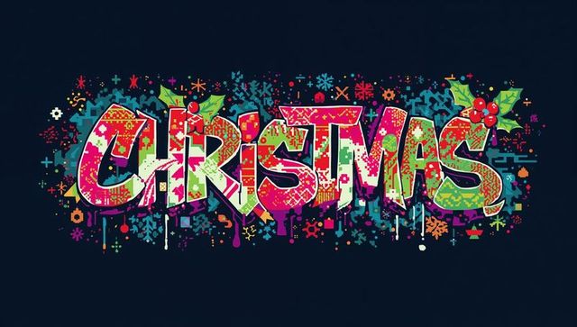 Vibrant christmas graffiti typography with holly, snowflakes and neon paint drips