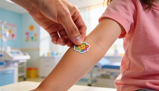 Placing cheerful flower sticker on child forearm during pediatric clinic checkup