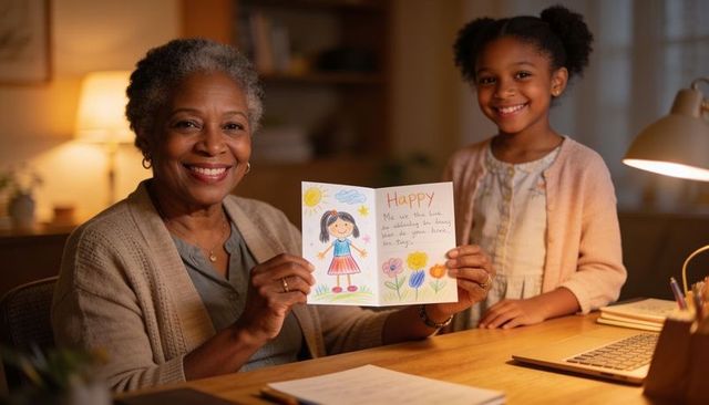 Grandmother holding handmade card while granddaughter smiles at cozy home desk