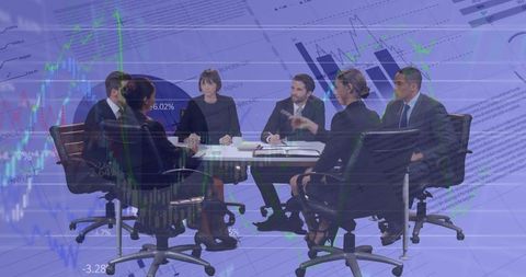 Business Team Meeting Overlaid with Financial Data Analytics