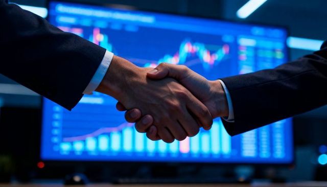 Business handshake sealing financial deal with stock charts and candlestick graphs