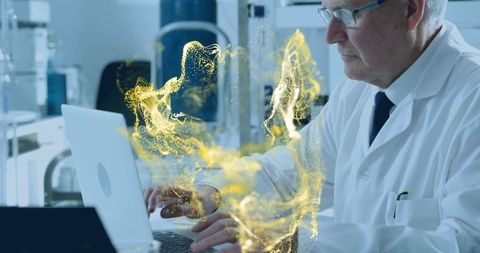 Scientist analyzing data with futuristic holographic waves