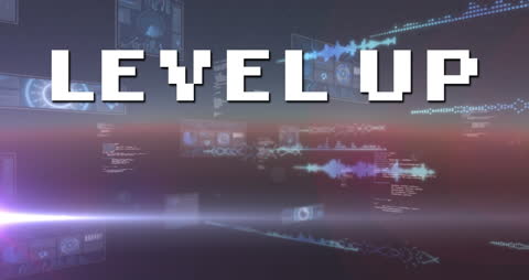 Digital Interface with 'Level Up' Message and Data Graphics