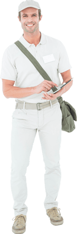 Transparent Full Length Smiling Delivery Man Using Tablet - Download Free Stock Videos Pikwizard.com