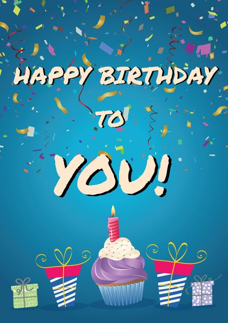 This lively illustration is perfect for greeting cards or invitations to birthday celebrations. The text 'Happy Birthday To You' adds a personal touch, while the cupcake with a lit candle and wrapped gifts enhances the festive atmosphere. Use it for social media posts, digital greetings, or printed birthday cards.