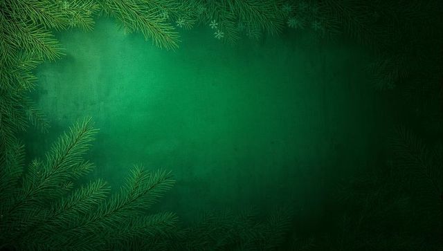 Framing evergreen fir border around green panel with snowflake accents for holiday design