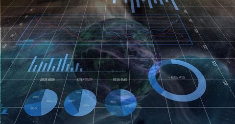 Futuristic Data Visualization with Planet and Charts Overlay