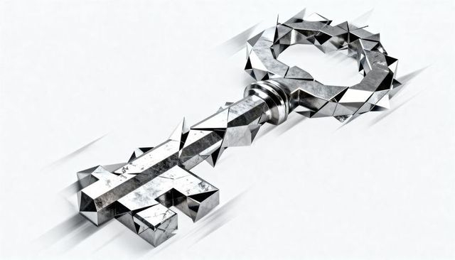 Gleaming faceted chrome key with spiked geometric bow leaning on white studio background