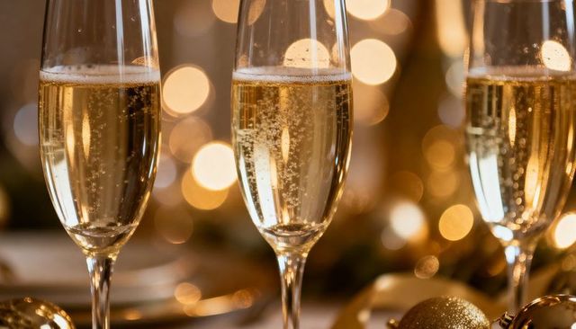 Bubbling champagne flutes with golden bokeh and festive table ornaments