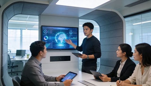 Presenting global data dashboard in office pod, asian team collaborating with tablets