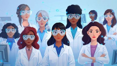 Diverse women scientists united in modern lab wearing white coats and safety goggles