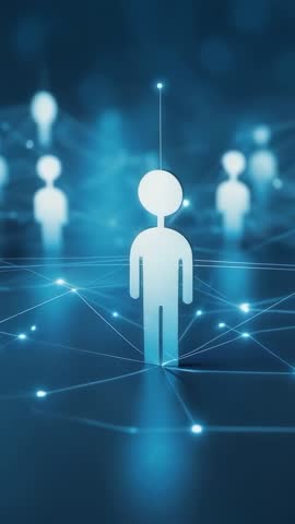 Glowing digital avatar connecting on futuristic network grid with pulsing data nodes