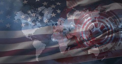 Futuristic World Map Overlaid with American Flag and Digital Interface