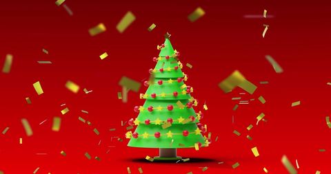 Festive Christmas Tree with Falling Confetti on Red Background