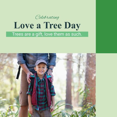 Picture depicts father and son enjoying time in forest, promoting Love a Tree Day. Close connection to nature is emphasized, suitable for promoting environmental awareness events or family-oriented lifestyle campaigns.