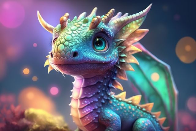 Image of cute blue dragon over colourful light spots, using generative ai technology. Dragon and fantasy concept.