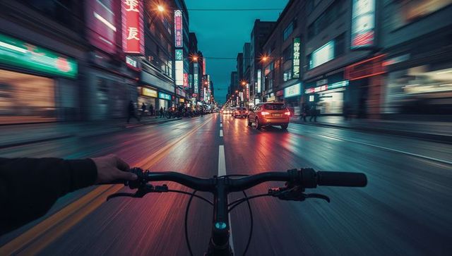 Bicyclist Navigating Neon-Lit Urban Street at Dusk