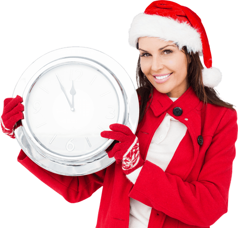 joyful woman in santa hat holding clock in transparent background - Download Free Stock Videos Pikwizard.com