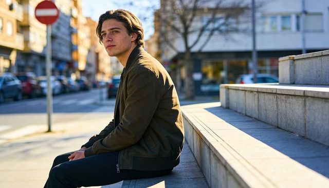 Contemplative young man sitting on city steps gazing into distance, sunlit urban solitude
