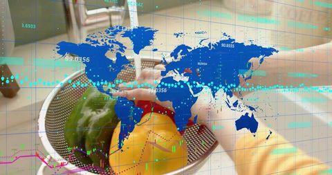 Rinsing bell peppers under faucet with global data overlay showing food supply analytics