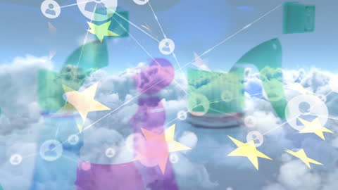 European Union Symbols Amidst Network and Cloud Imagery