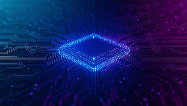 Glowing Neon Microprocessor on Circuit Board with Purple Traces