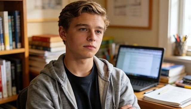 Contemplative teenage student studying at desk with laptop and books by window