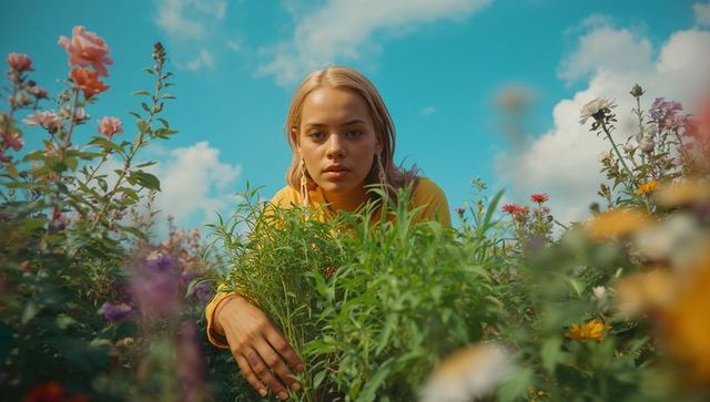 Woman Enjoying Nature in Colorful Wildflower Field