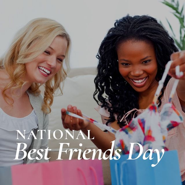 Digital composite image of best friends day text on happy biracial women looking dress. friendship, togetherness and bonding concept.