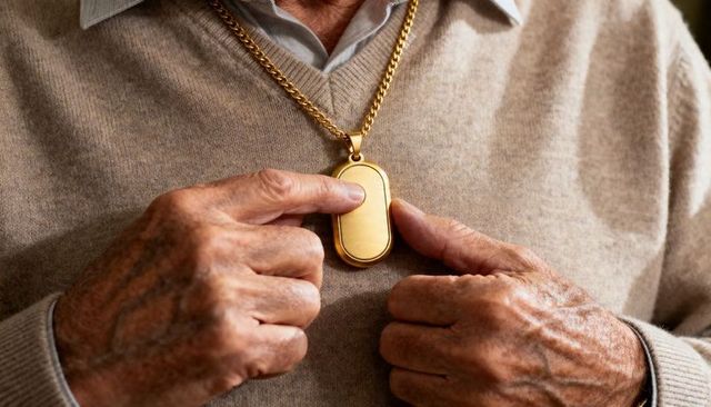 Senior man touching gold dog-tag pendant on chunky chain wearing beige v-neck sweater
