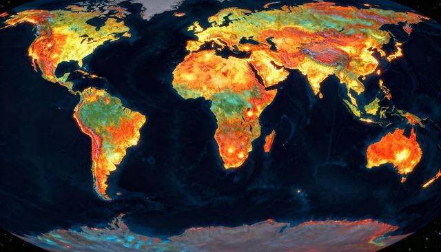 False-color global heat and vegetation map highlighting urban hotspots and climate patterns