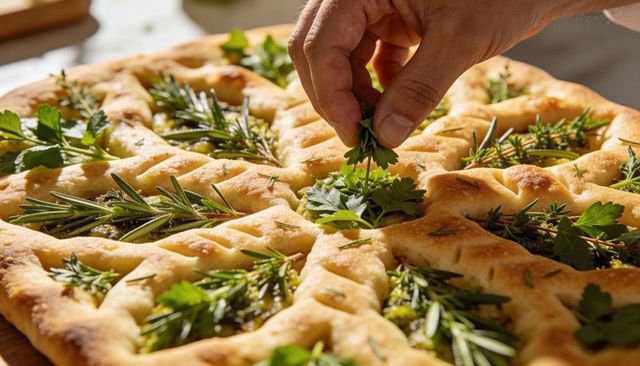 Hand tucking fresh parsley into rosemary focaccia on wooden board for rustic baking