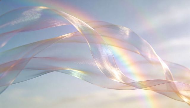 Iridescent sheer ribbons floating in sunlit sky with rainbow light and soft haze