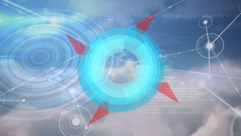 Futuristic Technology Interface Overlays on Cloudy Sky