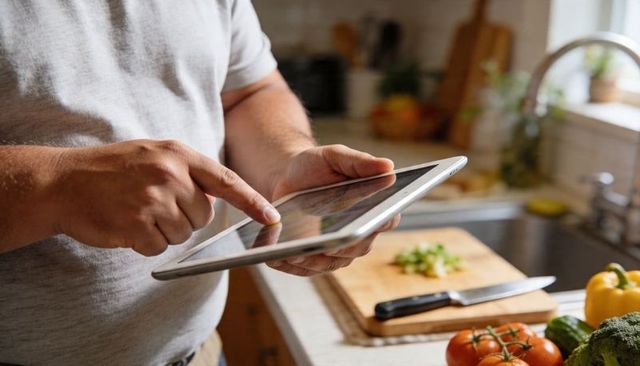 Man using tablet for recipe while preparing vegetables on kitchen counter