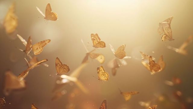 Golden butterflies fluttering in sunlit meadow with warm bokeh and dust motes