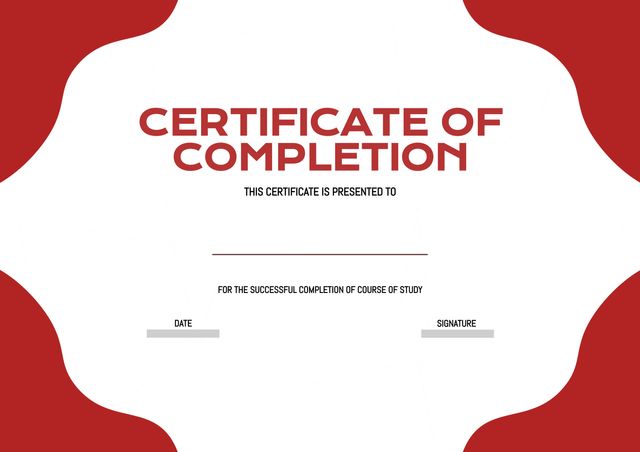 This certificate of completion template is ideal for educational institutions, training centers, and professional development courses. It features stylish red design elements that give it a formal and professional appearance. Easy to edit with holder information including name, date, and signature fields. Perfect for recognizing achievements and accomplishments in various settings.
