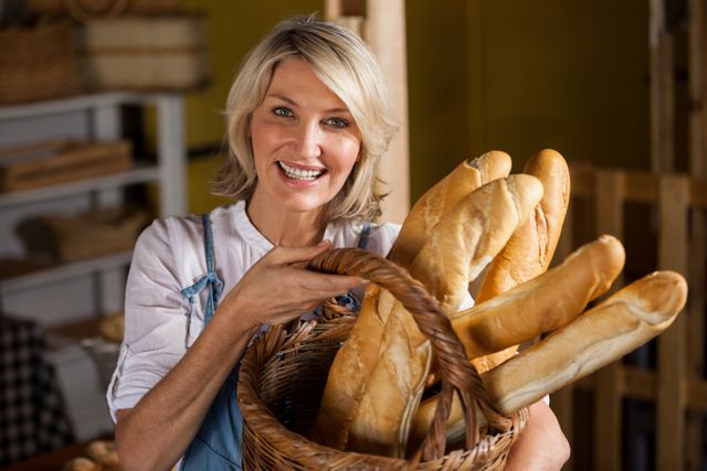 Female staff holding basket of baguettes in bakery section of supermarket