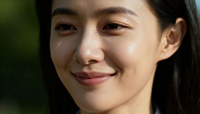 Sunlit closeup portrait asian woman smiling, catching sunlight with natural skin and green bokeh