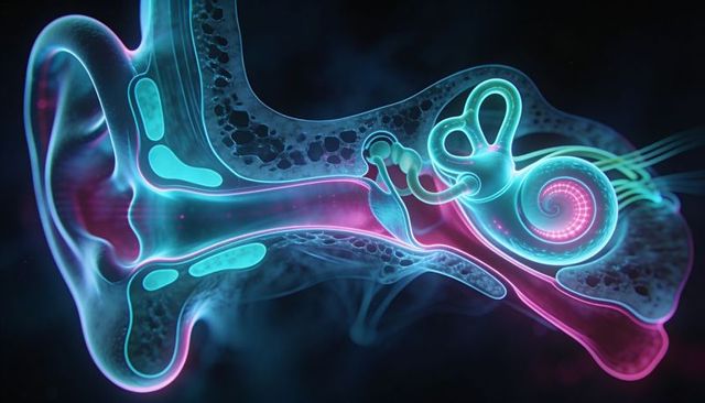 Glowing 3d ear cross-section highlighting cochlea, ossicles and auditory nerve anatomy