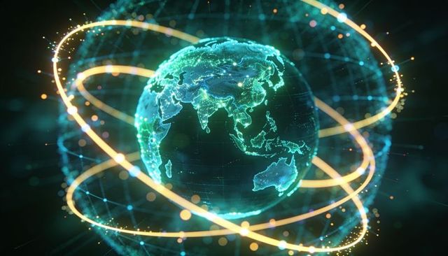Glowing digital globe showing asia-pacific network rings and orbital data connections