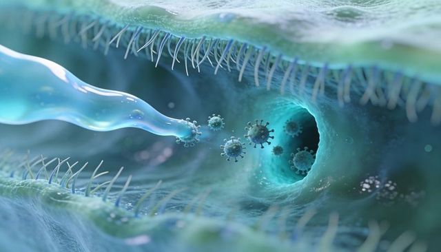 Drifting viral particles on mucus filament entering mucosal tunnel with ciliated epithelium