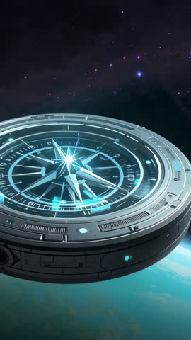 Rotating holographic compass activating in low Earth orbit with pulsing lights and starfield