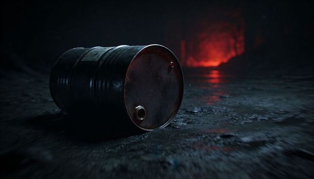 Rusty metal barrel lying on wet cavern floor with glowing embers, puddles and sparks