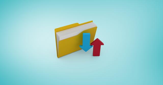 A 3D illustration showing a yellow folder with blue and red arrows representing upload and download processes. This image is perfect for use in articles or websites about document management, data transfer, cloud storage solutions, or digital file organization.