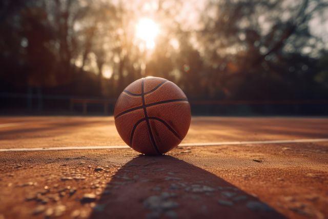 Basketball lying on an outdoor court during sunset, emphasizing the peaceful and serene moment in sports recreation. Perfect for illustrating themes related to sports, outdoor activities, leisure, and evening ambiance. Suitable for use in advertisements, blog posts, or social media content promoting a healthy lifestyle, basketball tournaments, and recreational activities.