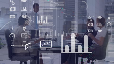 Business Team Analyzing Data Graphics with Futuristic Overlay in Office