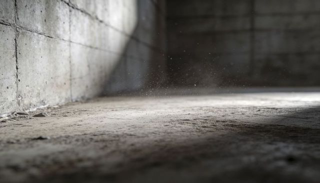 Sunbeam drawing dust motes across gritty concrete floor in industrial basement minimalist shadow