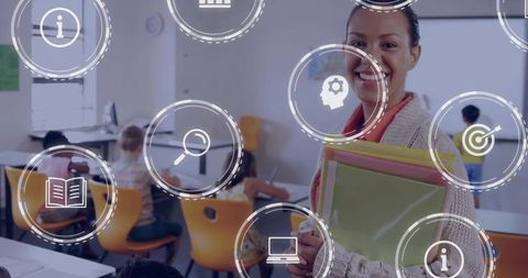 Teacher Leading Digital Classroom Holding Folders, Smiling EdTech Learning Concept